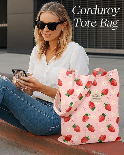 Corduroy Tote Bag for Women - Reusable Totes with Pocket & Buckle Cute Aesthetic Shoulder Bag for Work Travel
