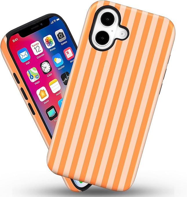 Magnetic for iPhone 16 Plus Case Cute Stripes Phone Case, Shockproof Slim TPU and Hard PC Protective Phone Cover Compatible with MagSafe Designed for Women Girls, Orange