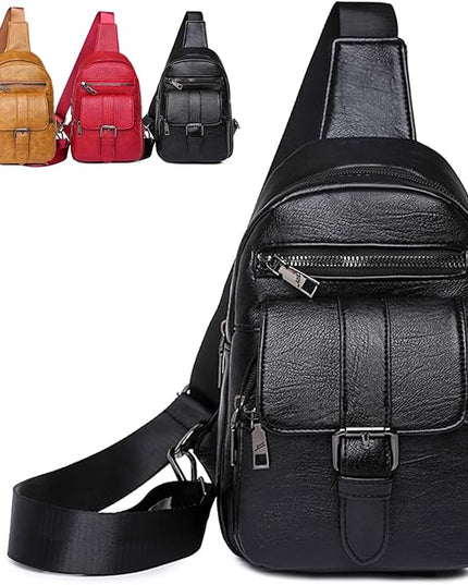 Peicees Leather Sling Bag For Women Waterproof Crossbody Bag Chest Bag Fashionable Small Backpack Purse For Travel Hiking