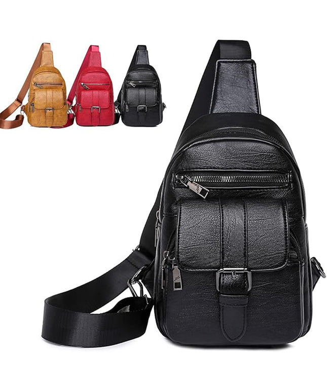 Peicees Leather Sling Bag For Women Waterproof Crossbody Bag Chest Bag Fashionable Small Backpack Purse For Travel Hiking