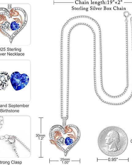 Iefil Christmas Gifts for Women Wife - 925 Sterling Silver Rose Heart Birthstone Necklace Birthday Anniversary Jewelry Gifts for Her Wife Mom Daughter