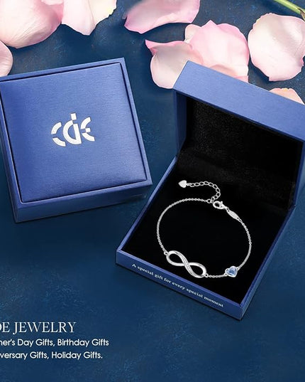 CDE Valentine's Day Gift Infinity Heart Birthstone Charm Link Bracelet for Women 925 Sterling Silver Adjustable Mother's Day Christmas Day Gift Anniversary Birthday Jewelry for Wife Girlfriend Her