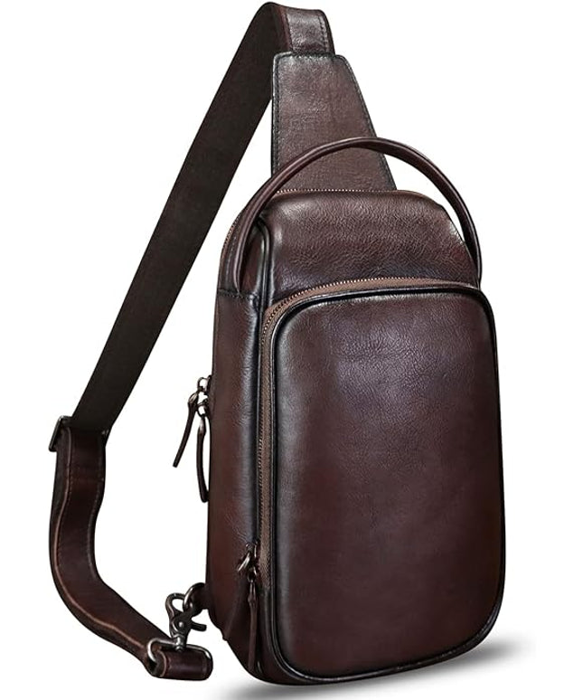 Genuine Leather Sling Bag Retro Crossbody Backpack Handmade Chest Shoulder Hiking Daypack Fanny Purse