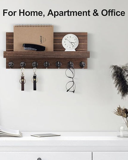 Lwenki Key Holder Wall Mount, Entryway Key and Mail Holder with 7 Sturdy Hooks for Sunglasses, Dog Leash, Decorative Wall Shelf with Mounting Hardware, 15”W x 6.7”H x 4.2”D (Brown)