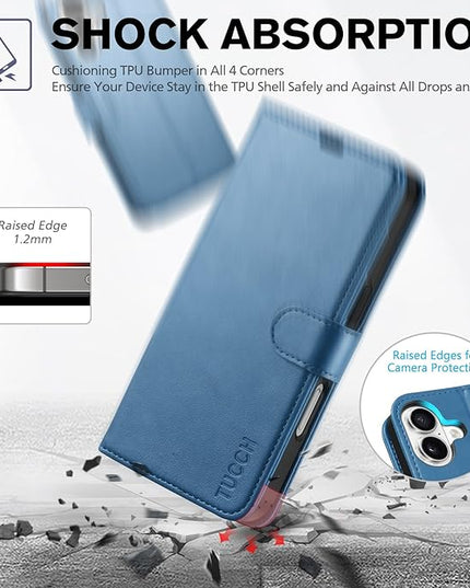 TUCCH Wallet Case for iPhone 16, Magnetic PU Leather Kickstand Flip Cover with 4 Card Slot Shockproof TPU Interior Shell, [RFID Blocking] Folio Case Compatible with iPhone 16 5G 2024, Light Blue
