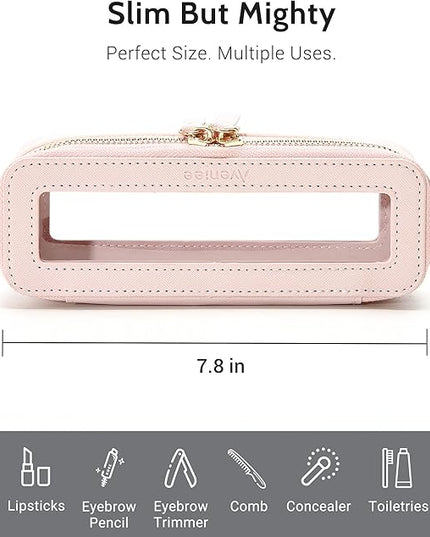 Aveniee Clear Makeup Brush Bag, Slim Cosmetic Brush Holder, small Toiletry Bag Mini Travel Case for Women, Thin Make up Bags with Dual Zipper, Cute Travel Essentials Organizer,Pink
