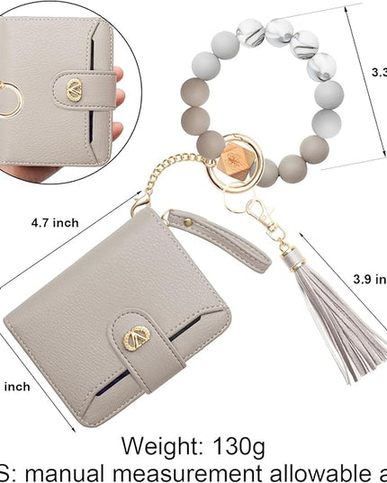 Multi-Purpose Wallet High Capacity Card Holder Zipper Coin Purse with Wristlet Bracelet Keychain Silicone Beaded Bangle Key Ring