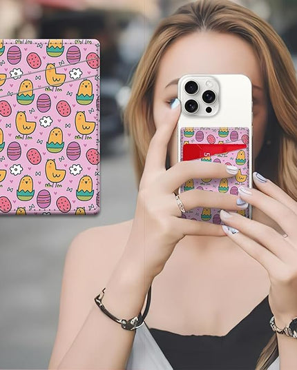 Phone Card Holder, Dual Pocket Leather Wallet Adhesive Stick On, Cute Credit Card Holder for Smartphones Case Compatible with Most Phone（Cute chick）