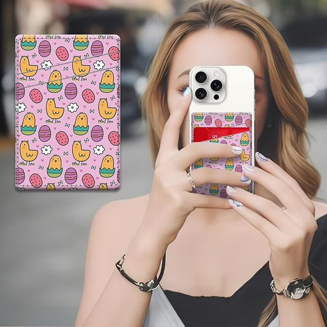 Phone Card Holder, Dual Pocket Leather Wallet Adhesive Stick On, Cute Credit Card Holder for Smartphones Case Compatible with Most Phone（Cute chick）