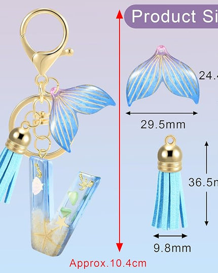 Initial letter Keychains for Women, Ocean Series Avowing Protect Earth Environment, Tassel Cute Car Keychain Initial Key Chain Keyring for Bookbag Handbag Backpack Charm Key Ring Unisex (Letter V)