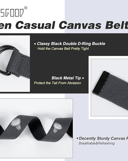 JASGOOD Men Canvas Belt Web Fabric Casual Belt with Black Double D-ring 1 1/2" Wide Set of 2