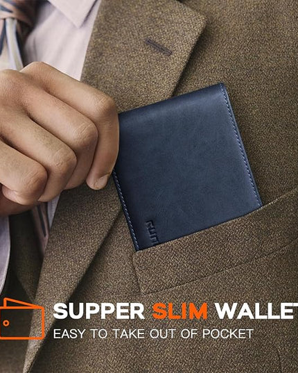 RUNBOX Wallet for Men Slim Leather Bifold RFID Blocking Minimalist Front Pocket Design with Gift Box