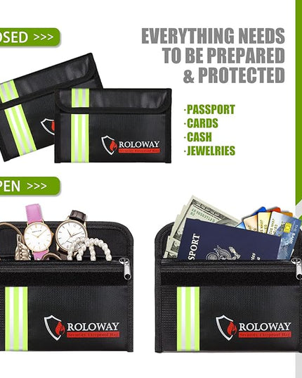 ROLOWAY Small Fireproof Bag (5 x 8 inches) with Reflective Strip, Fireproof Money Bag for Cash, Valuables, Passport, Currency & Keys (2-Pack Black)