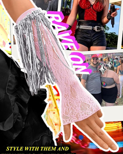 Sequin Fringe Gloves,Fingerless Lace Arm Sleeves For Women,Sparkly Rave Party Costume Fits US 0-8