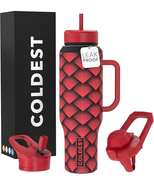Coldest Tumbler with Handle and Straw, 100% Spill Proof Tumbler with Straw (3 Lids), Stainless Steel Insulated Leakproof Tumblers for Women Men, Cup Holder Friendly, 46 oz (Red Dragon)