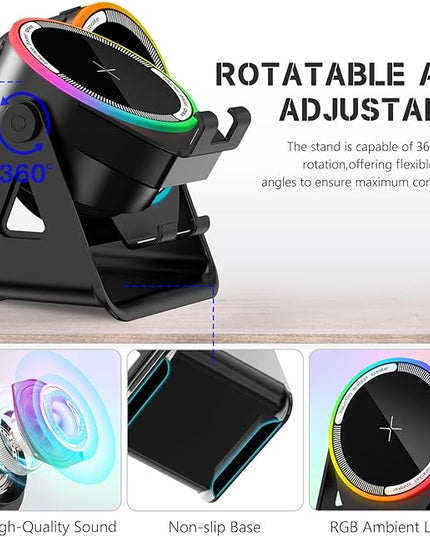 MRMORALE Wireless Induction Speaker, Multifunctional Bluetooth Phone Holder with RGB Light & 360 Rotation, HD Surround Sound, Compatible with iPhone/iPad/Android/Samsung