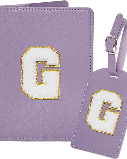 Initial Passport Cover Holder and Luggage tag Set,PU Leather Passport Case Travel Suitcase Tag with Letter Patch, Personalized Travel Luggage Accessories Gifts for Women Grils Teenage Purple Letter G