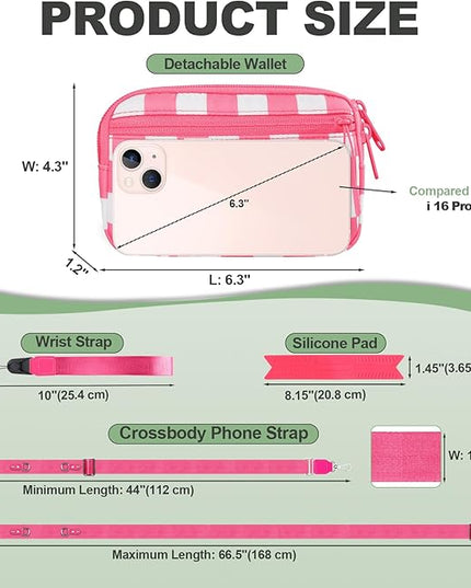 Clip and Go Strap for Phone with Wallet Crossbody, Adjustable Phone Lanyard with Detachable RFID Wristlet Wallet, Phone Strap with Phone Tabs for All Phones, Pink Checkered (M)