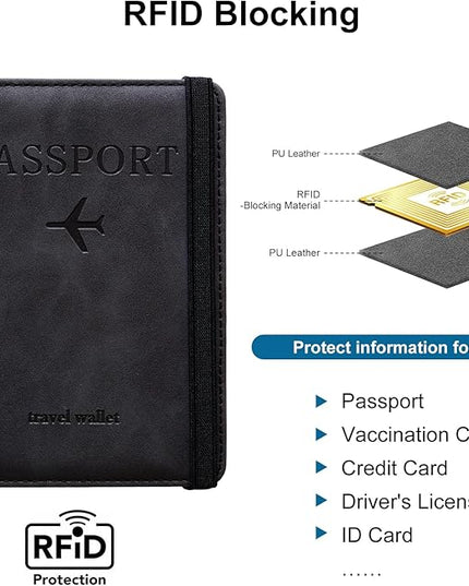 Passport Holder for Travel Women and Men RFID Passport Holder with Card Slots Holder Passport Case Passport cover Passport Wallet Travel Essentials and Accessories (Elastic, Black)