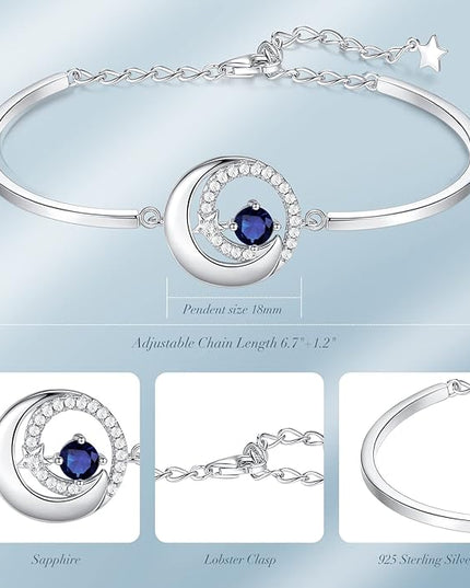FANCIME Birthstone Bracelets 925 Sterling Silver Moon and Star Bangle Charm Bracelet Fine Jewelry Birthday Anniversary Christmas Day Gift for Her Women, Adjustable Chain 6.7"+1.2" Extend