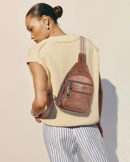 Sling Bag for Women Crossbody Bags Fanny Packs Over Shoulder Bag Sling Purse Backpack Vegan Leather Travel Brown