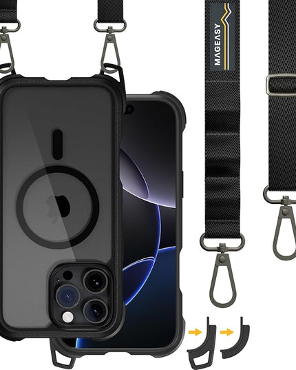 MAGEASY Designed for iPhone 16 Pro Max Case with Strap - 20ft Drop Protection Compatible with MagSafe, Transformable Protective & Lanyard Case, Vegan Leather Frame | Odyssey Strap M (Leather Black)