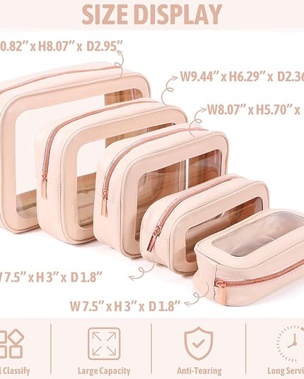 5PCS Clear Toiletry Bag,TSA Approved Travel Makeup Pouch with Zipper for Cosmetics and Toiletries，Diaper Bag Organizer Pouch Set，Women's Purse Organizer and Clear Car Bag
