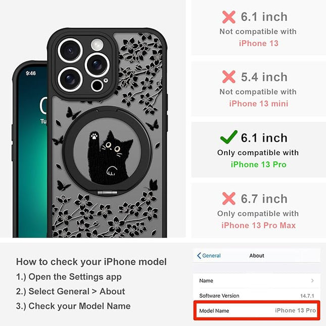 Cute Case for iPhone 13 Pro Case with Stand [ Compatible with MagSafe ] Kawaii Black Cat & Floral & Butterflies Pattern Design 360 Magnetic Ring Kickstand Phone Cover for Women Girls Boys