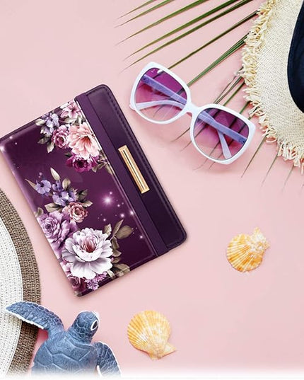 Passport Holder Cover Travel RFID Blocking Passport Cover Rose Gold Cute Flowers Passport Wallet with Elastic Band for Women