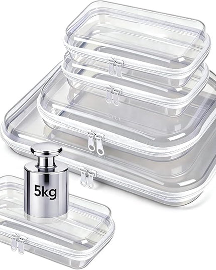 5 Pack Clear Hard Shell Zipper Pouches, TSA Friendly Transparent Design for Toiletries & Electronics, Crush-Resistant Storage for Carry-On Travel (White)