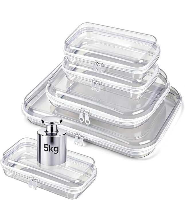 5 Pack Clear Hard Shell Zipper Pouches, TSA Friendly Transparent Design for Toiletries & Electronics, Crush-Resistant Storage for Carry-On Travel (White)