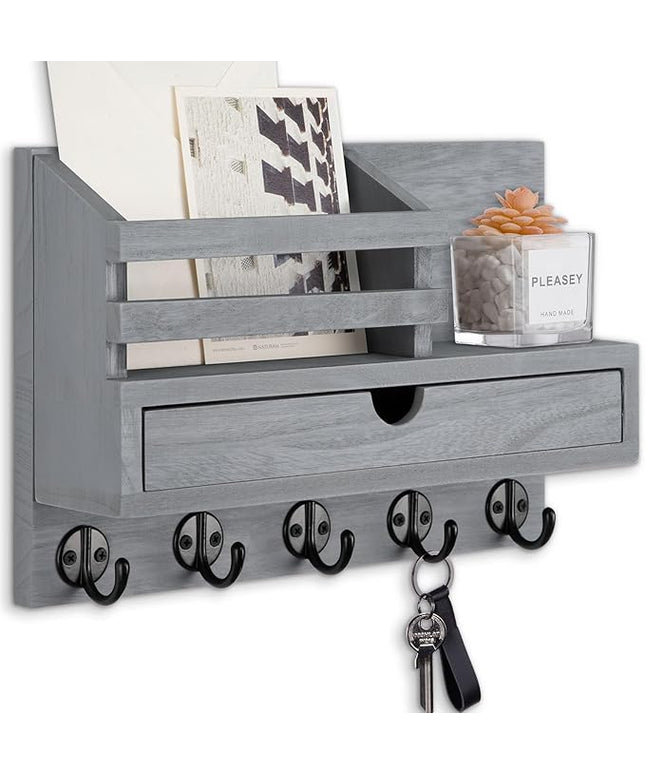 Lucundm Key Holder Wall Mount, Mail Holder with Storage Drawer and 5 Key Hooks for Coat, Dog Leash, Home Decor Rack, House Accessories, Entry Way Organizer (Gray)