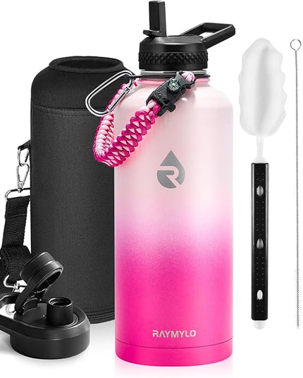 Insulated Water Bottle 87 oz, Triple Wall Vacuum Stainless Steel (Cold for 48 Hrs), Leak Proof & Non-BPA, Modern Water Flask Jug with Paracord Handle & Straw Spout Lids, Ombre Pink