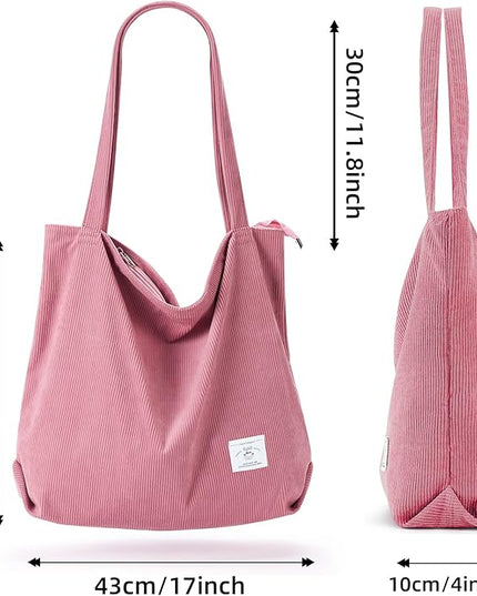KALIDI Women Corduroy Tote Bag Zipper Casual Tote's Handbag Big Capacity Shoulder Bag with Pockets