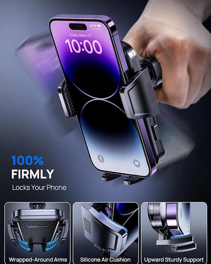 Firm-hold Air Vent Car Phone Holder for iPhone,Rotatable Universal Phone Mount with Adjustable Wide Clamp Metal Hook,Anti-vibration,Single-press Release,Heat-resistant,(Upgrade Hook Clip Never Shake)