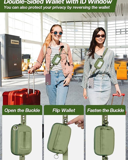 Clip and Go Strap for Phone with Wallet Crossbody Phone Lanyard Adjustable and Detachable RFID Wristlet Wallet with ID Window and Zipper, Green