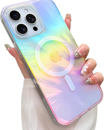 Glitter Case for iPhone 16 Pro Case for Women Girls [ Compatible with Magsafe ] Clear Cute Aesthetic Girly Iridescent Feather Sparkly Bling Magnetic Phone Cover, Gradient Blue & Pink