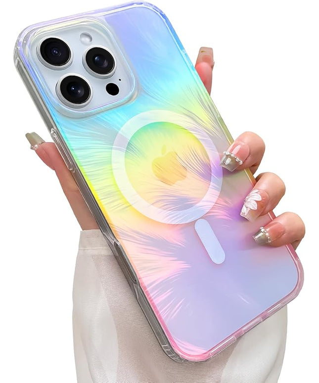 Glitter Case for iPhone 16 Pro Max Case for Women Girls [ Compatible with Magsafe ] Clear Cute Aesthetic Girly Iridescent Feather Sparkly Bling Magnetic Phone Cover, Gradient Blue & Pink