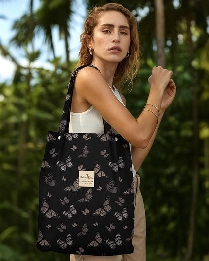 Corduroy Tote Bag for Women - Reusable Totes with Pocket & Buckle Cute Aesthetic Shoulder Bag for Work Travel