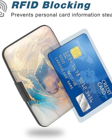 Atufsuat Credit Card Holder, Mini Aluminum Card Wallet RFID Blocking Slim Metal Hard Card Case for Women Men, Pink Gold Marble