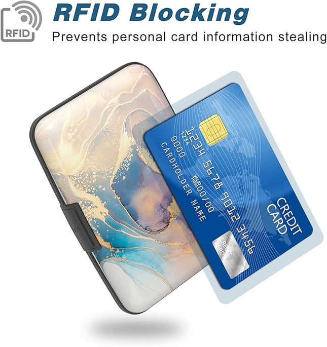 Atufsuat Credit Card Holder, Mini Aluminum Card Wallet RFID Blocking Slim Metal Hard Card Case for Women Men, Pink Gold Marble