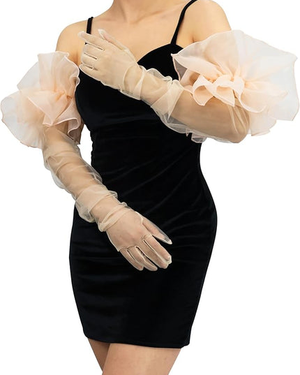 Super Puff Sheer Long Gloves Oversize Tulle Mesh Gloves for Cocktail Opera Party Glove Long Sleeve
