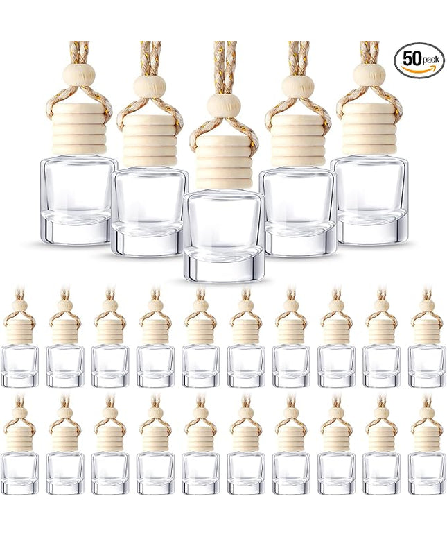 BBTO 50 Pcs Hanging Car Air Freshener Car Diffuser Bottles Empty Glass Perfume Bottle Freshener Diffuser Bottle Pendant for Essential Oil Fragrance Aromatherapy Bottle Ornament (Cylinder)