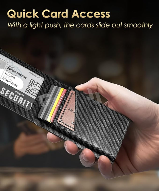 2026 Wallet for Men - RFID Blocking [Functional & Practical] Bifold Slim Minimalist Credit Card Holder Pop Up Wallet Metal Case with Cash Slot, Front Pocket with ID Window, Gift Boxed (Carbon Fiber)