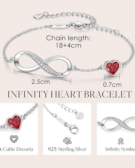 CDE Valentine's Day Gift Infinity Heart Birthstone Charm Link Bracelet for Women 925 Sterling Silver Adjustable Mother's Day Christmas Day Gift Anniversary Birthday Jewelry for Wife Girlfriend Her