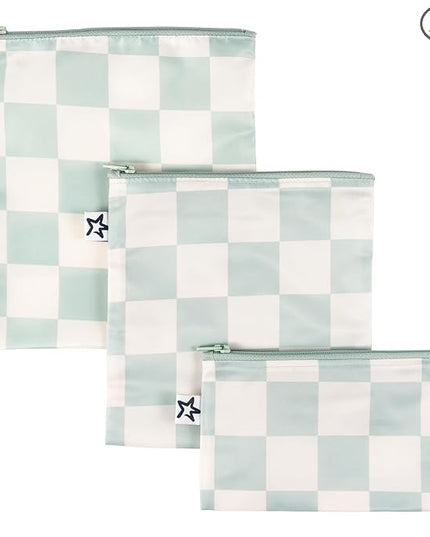 Tiny Twinkle Reusable Snack Bags for Kids – 3 Pack Snack Pouches & Sandwich Bag for Toddlers – Machine Washable, Mess-Proof for Lunch & Travel (Sage Checkers)