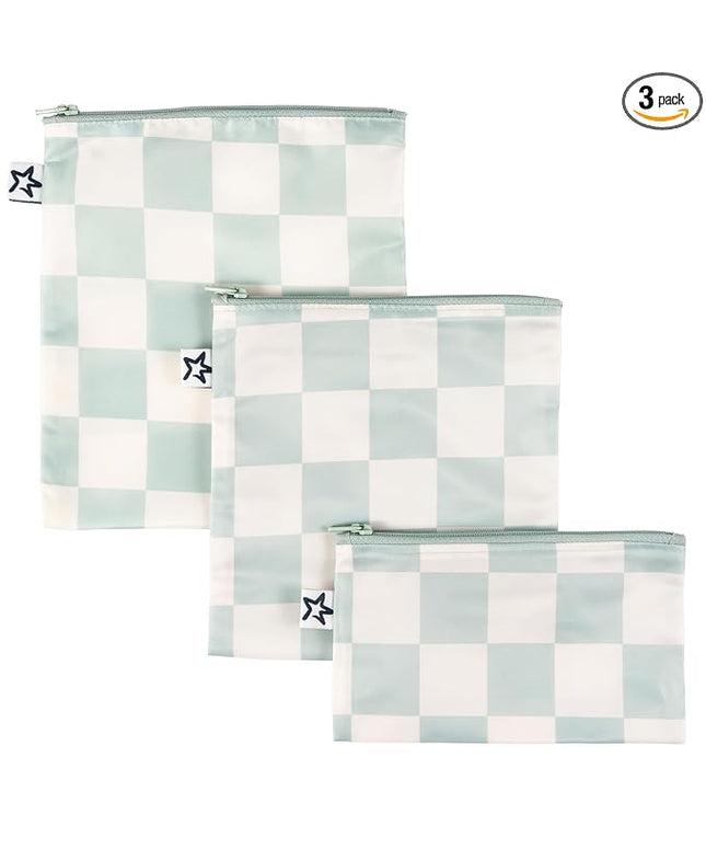 Tiny Twinkle Reusable Snack Bags for Kids – 3 Pack Snack Pouches & Sandwich Bag for Toddlers – Machine Washable, Mess-Proof for Lunch & Travel (Sage Checkers)