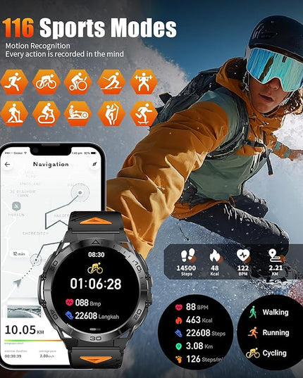 Military Smart Watch for Men,1.6" AMOLED Screen /600mAh Battery/5ATM Waterproof Smartwatches (Answer/Dial Calls) Fitness Tracker with Heart Rate/Sleep Tracking/Blood Oxygen for Android/iOS Black