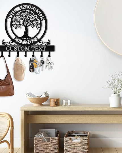 KAINSY Personalized Metal Key Holder Tree of Life - Custom Name, Key Hooks, Coat Rack, Key Hanger for Wall, Home Decor, Housewarming Gift