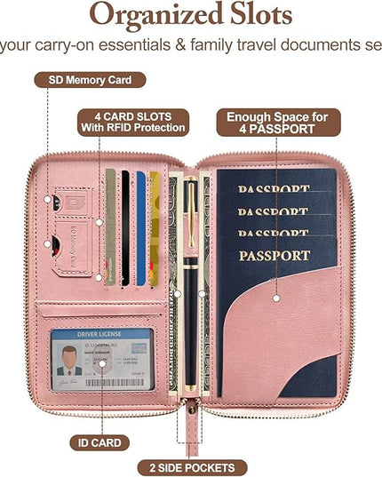 Passport Holder for Travel Women and Men RFID Passport Holder with Card Slots Holder Passport Case Passport cover Passport Wallet Travel Essentials and Accessories (Zipper, Pink Zipper)